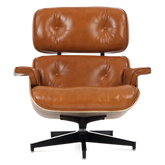 Loungesessel und Ottomane im Eames-Stil – Hellbraunes Leder und Walnussfurnier